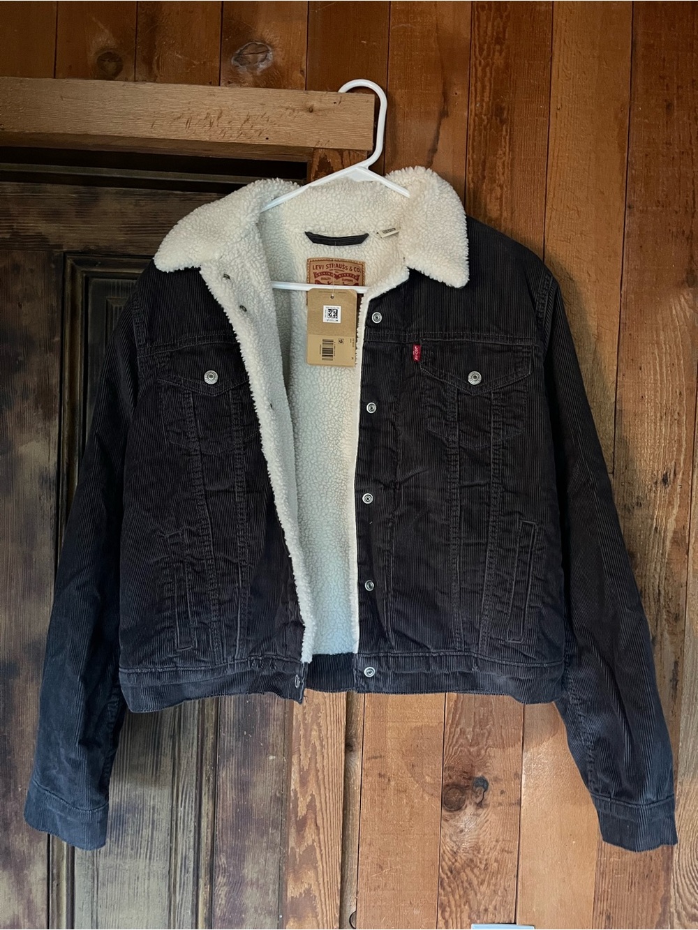 Levi's Grey Corduroy Sherpa-Lined Trucker Jacket with Cream Lining